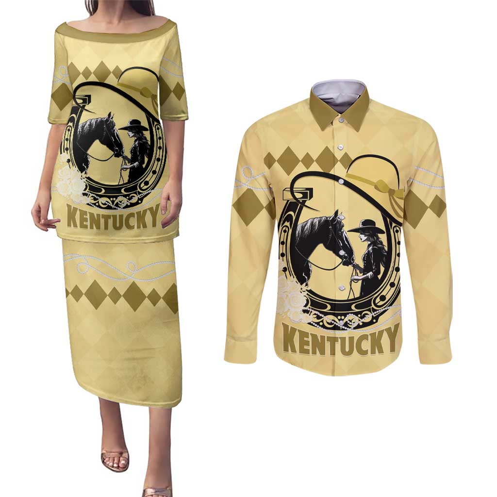Personalized Kentucky Horse Racing Couples Matching Puletasi and Long Sleeve Button Shirt Beauty and The Horse Yellow Version LT01