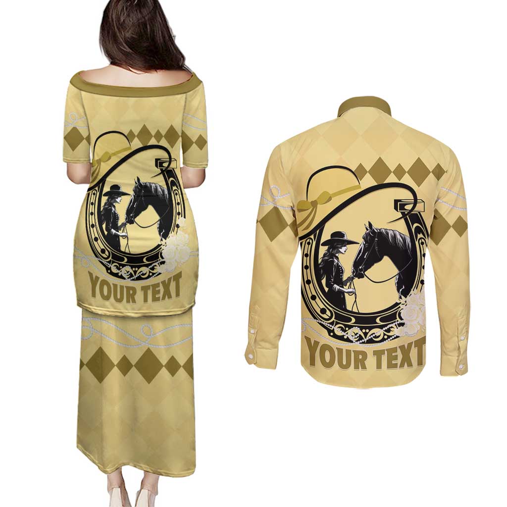 Personalized Kentucky Horse Racing Couples Matching Puletasi and Long Sleeve Button Shirt Beauty and The Horse Yellow Version LT01