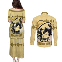 Personalized Kentucky Horse Racing Couples Matching Puletasi and Long Sleeve Button Shirt Beauty and The Horse Yellow Version LT01