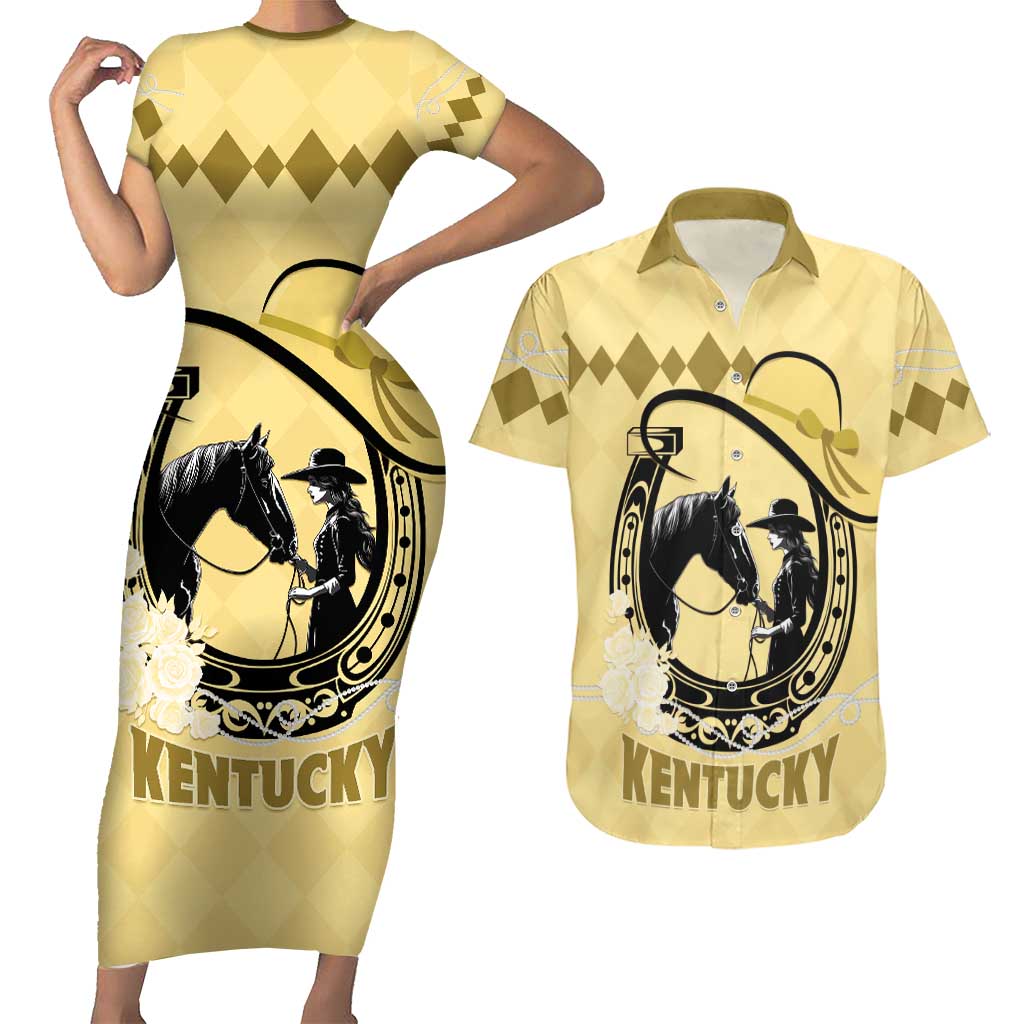 Personalized Kentucky Horse Racing Couples Matching Short Sleeve Bodycon Dress and Hawaiian Shirt Beauty and The Horse Yellow Version LT01