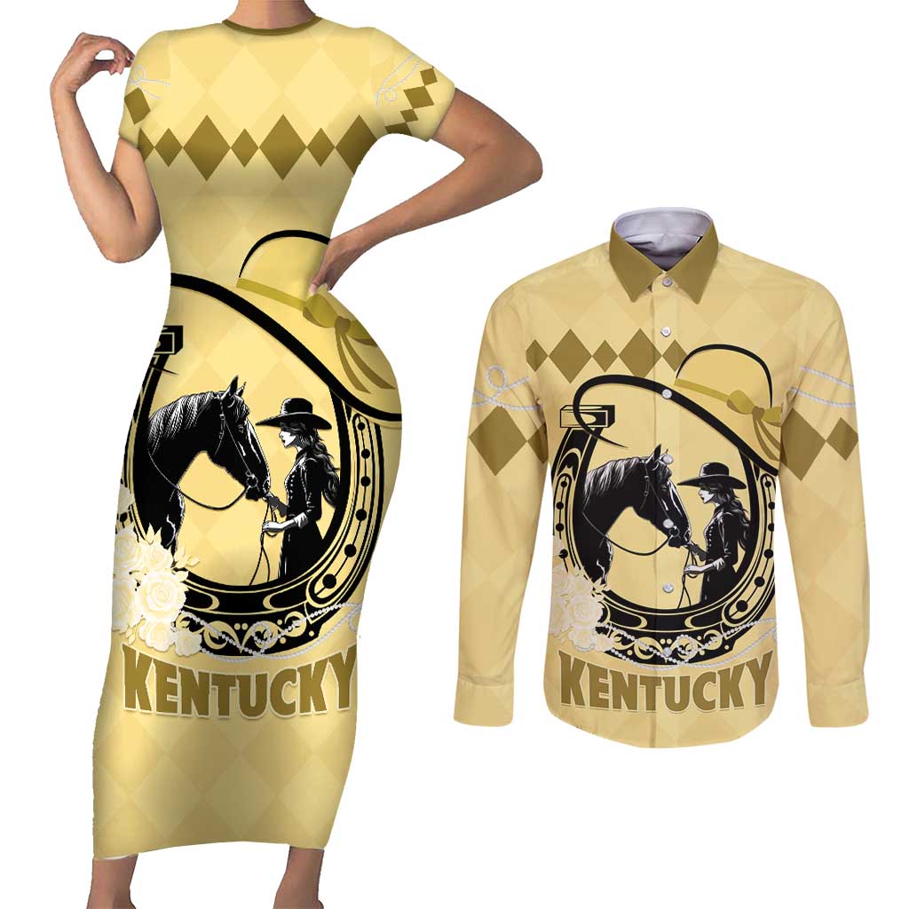 Personalized Kentucky Horse Racing Couples Matching Short Sleeve Bodycon Dress and Long Sleeve Button Shirt Beauty and The Horse Yellow Version LT01