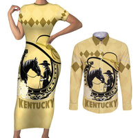 Personalized Kentucky Horse Racing Couples Matching Short Sleeve Bodycon Dress and Long Sleeve Button Shirt Beauty and The Horse Yellow Version LT01