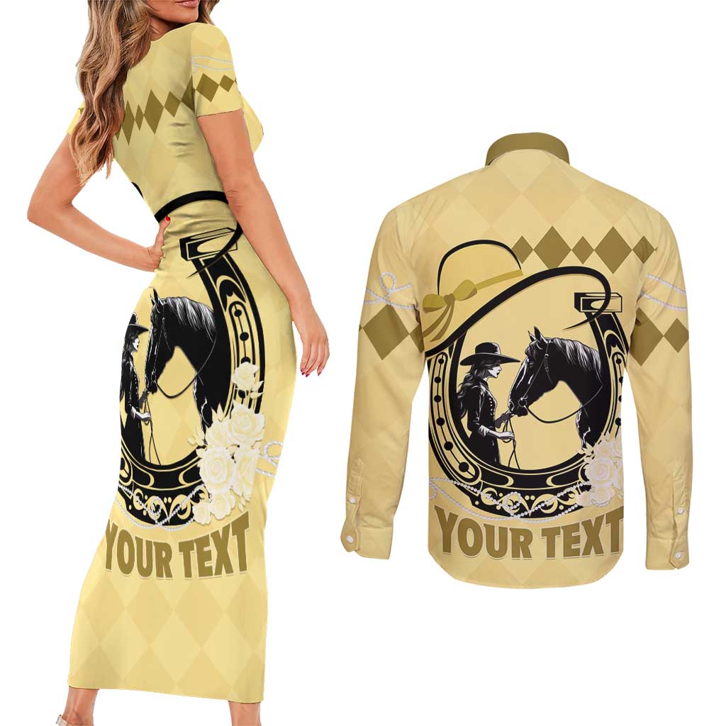 Personalized Kentucky Horse Racing Couples Matching Short Sleeve Bodycon Dress and Long Sleeve Button Shirt Beauty and The Horse Yellow Version LT01