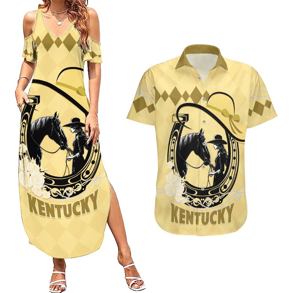 Personalized Kentucky Horse Racing Couples Matching Summer Maxi Dress and Hawaiian Shirt Beauty and The Horse Yellow Version LT01