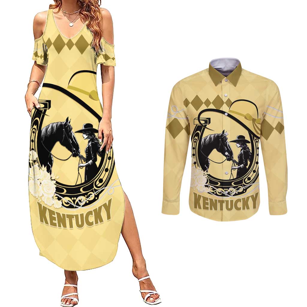 Personalized Kentucky Horse Racing Couples Matching Summer Maxi Dress and Long Sleeve Button Shirt Beauty and The Horse Yellow Version LT01