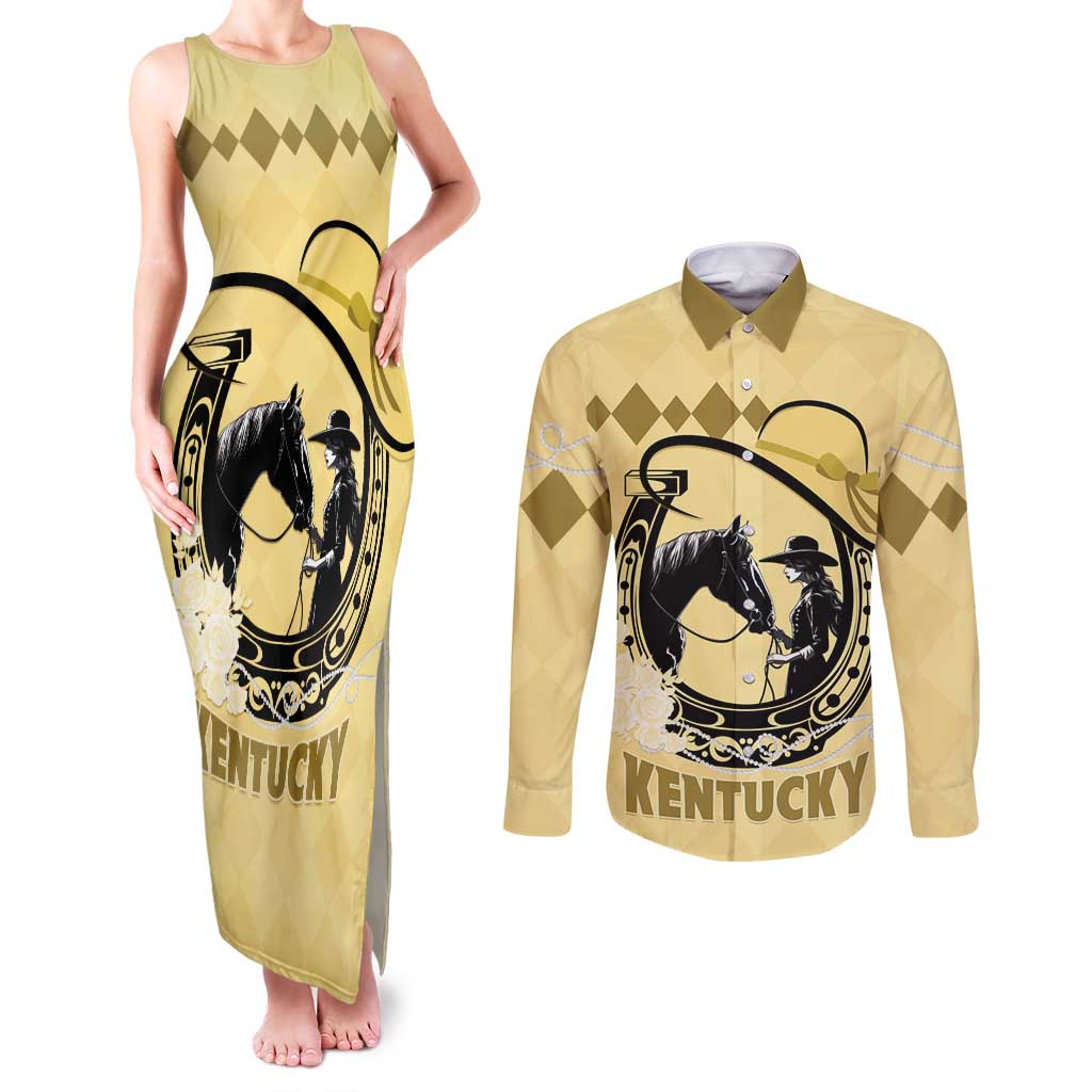 Personalized Kentucky Horse Racing Couples Matching Tank Maxi Dress and Long Sleeve Button Shirt Beauty and The Horse Yellow Version LT01