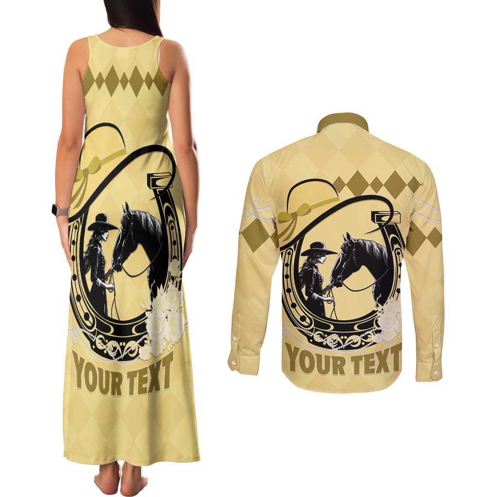 Personalized Kentucky Horse Racing Couples Matching Tank Maxi Dress and Long Sleeve Button Shirt Beauty and The Horse Yellow Version LT01