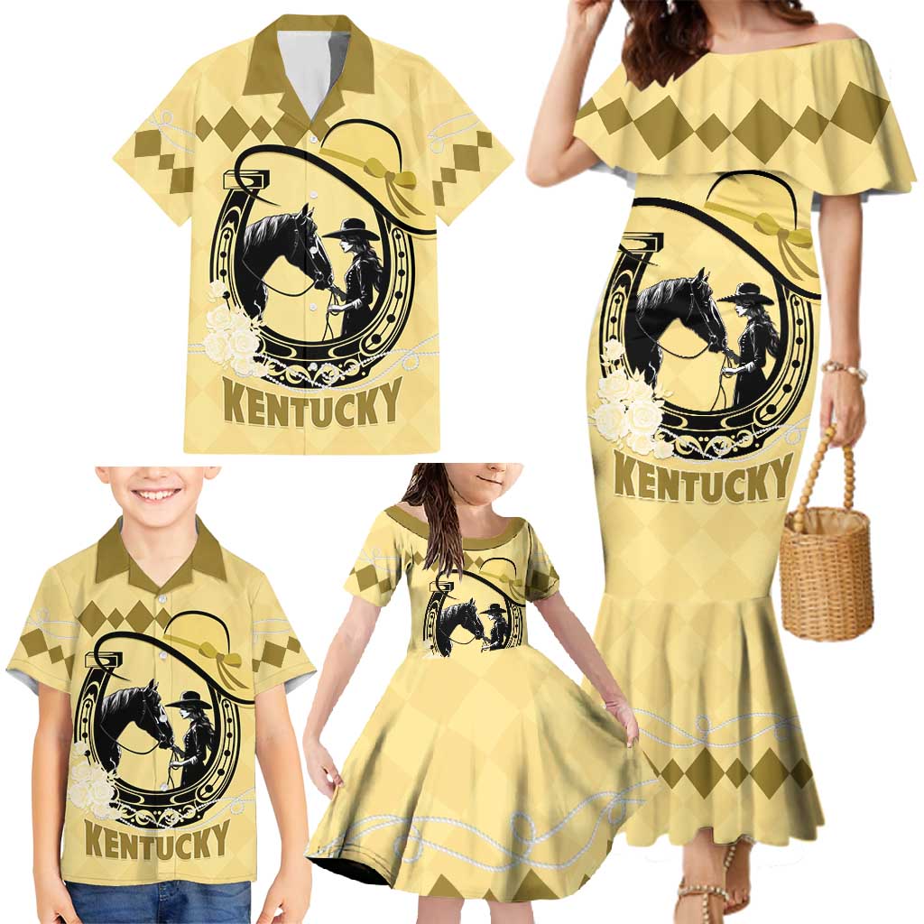 Personalized Kentucky Horse Racing Family Matching Mermaid Dress and Hawaiian Shirt Beauty and The Horse Yellow Version LT01