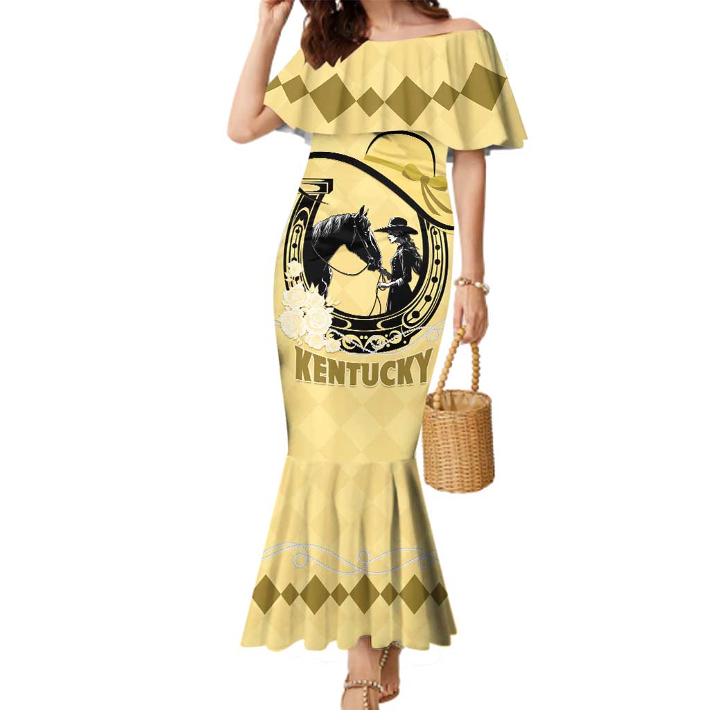 Personalized Kentucky Horse Racing Family Matching Mermaid Dress and Hawaiian Shirt Beauty and The Horse Yellow Version LT01