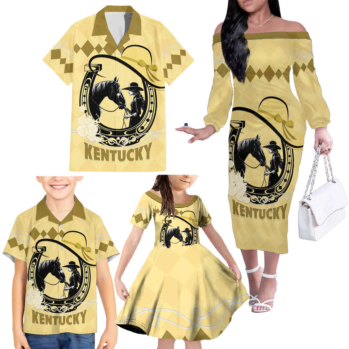 Personalized Kentucky Horse Racing Family Matching Off The Shoulder Long Sleeve Dress and Hawaiian Shirt Beauty and The Horse Yellow Version LT01