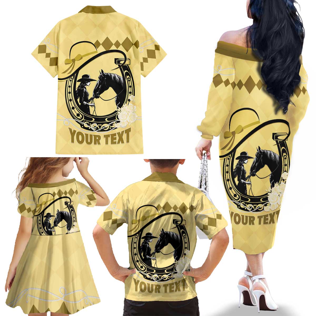 Personalized Kentucky Horse Racing Family Matching Off The Shoulder Long Sleeve Dress and Hawaiian Shirt Beauty and The Horse Yellow Version LT01