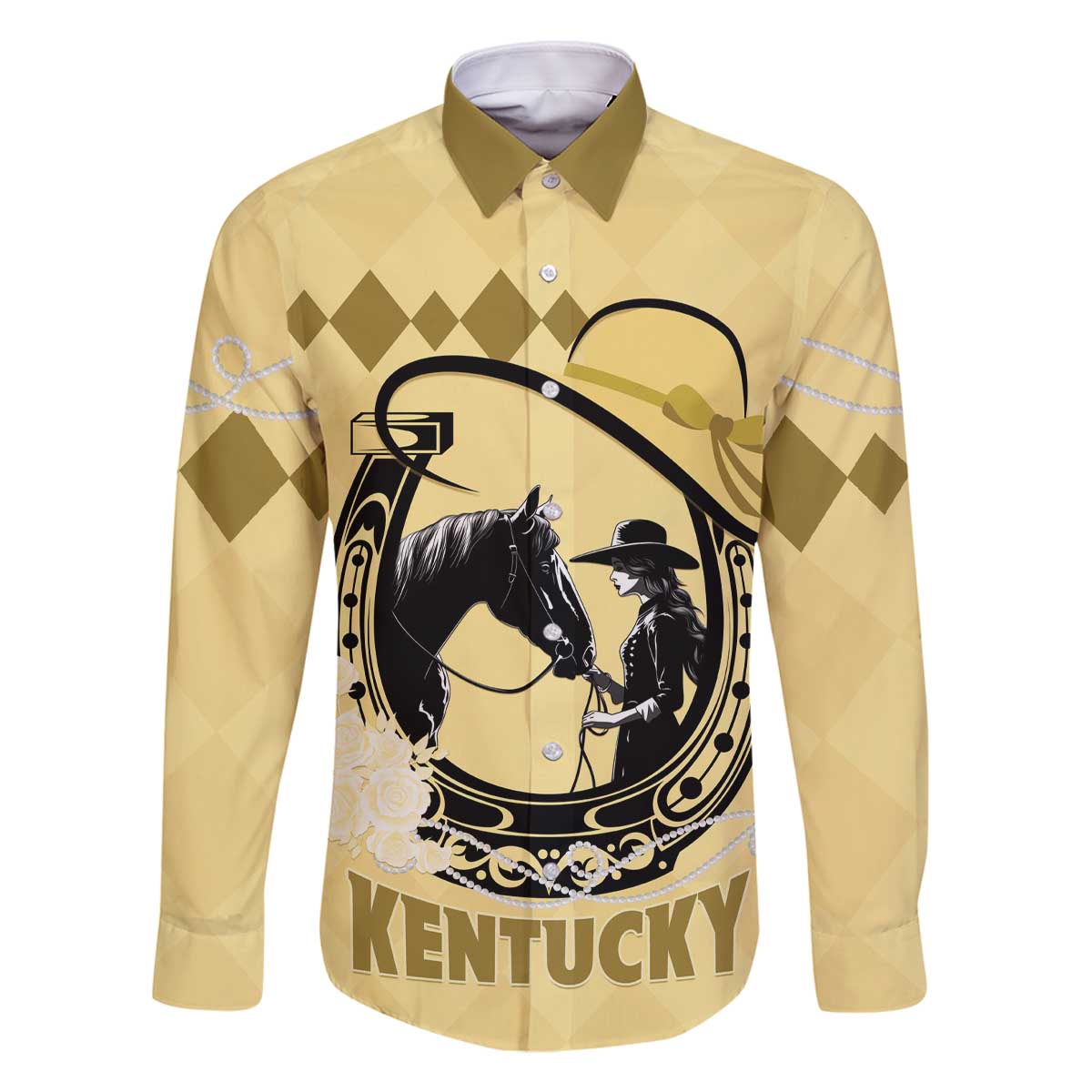 Personalized Kentucky Horse Racing Family Matching Off The Shoulder Long Sleeve Dress and Hawaiian Shirt Beauty and The Horse Yellow Version LT01