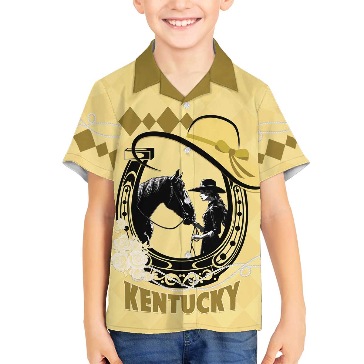 Personalized Kentucky Horse Racing Family Matching Off The Shoulder Long Sleeve Dress and Hawaiian Shirt Beauty and The Horse Yellow Version LT01