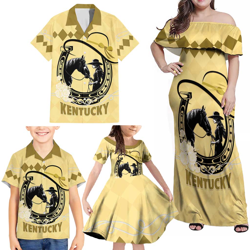 Personalized Kentucky Horse Racing Family Matching Off Shoulder Maxi Dress and Hawaiian Shirt Beauty and The Horse Yellow Version LT01