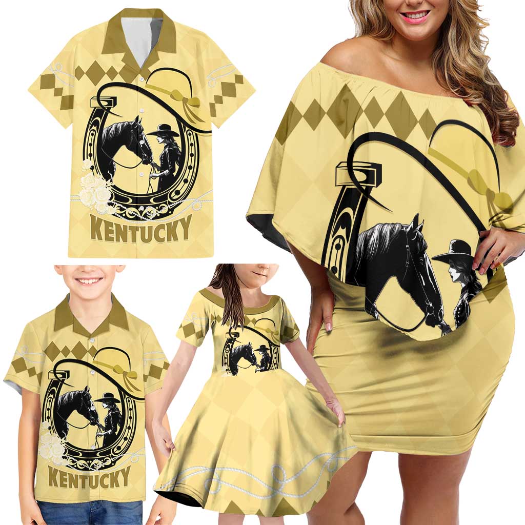 Personalized Kentucky Horse Racing Family Matching Off Shoulder Short Dress and Hawaiian Shirt Beauty and The Horse Yellow Version LT01