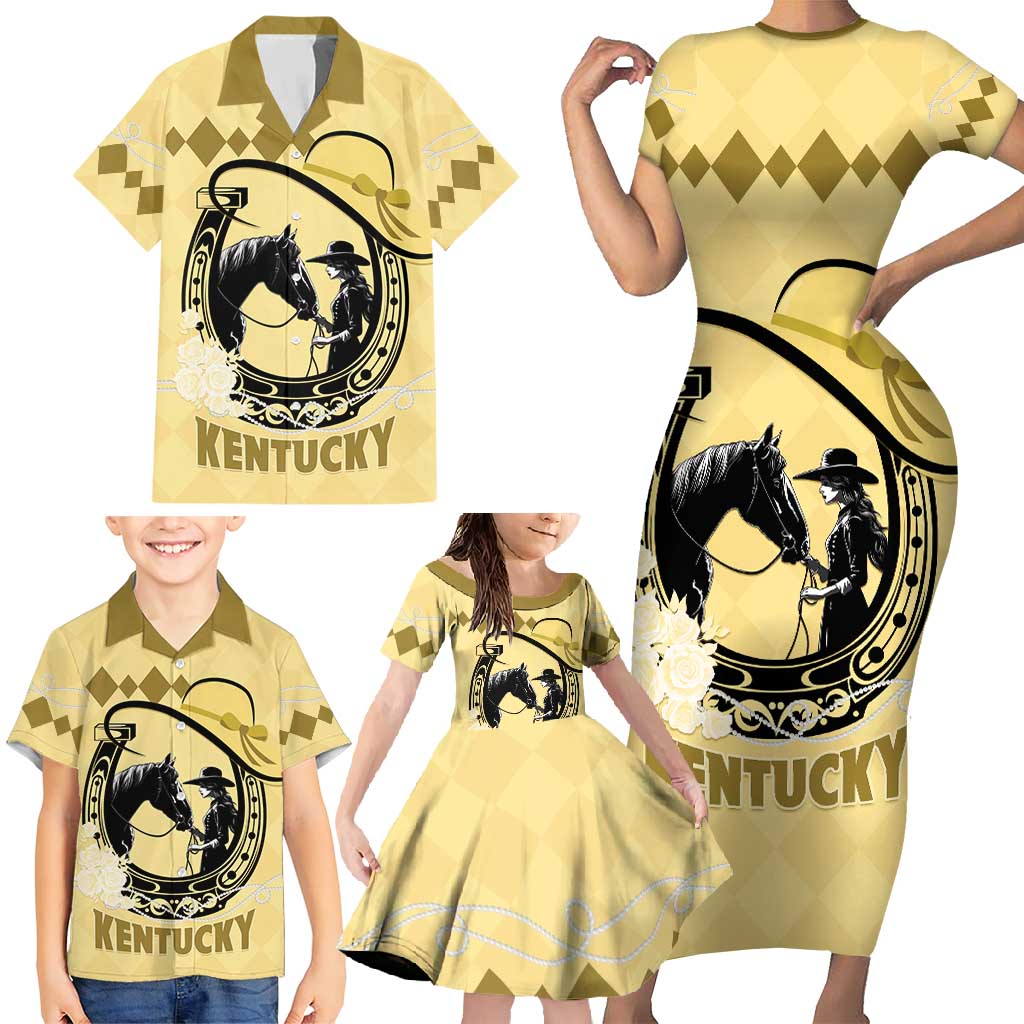 Personalized Kentucky Horse Racing Family Matching Short Sleeve Bodycon Dress and Hawaiian Shirt Beauty and The Horse Yellow Version LT01