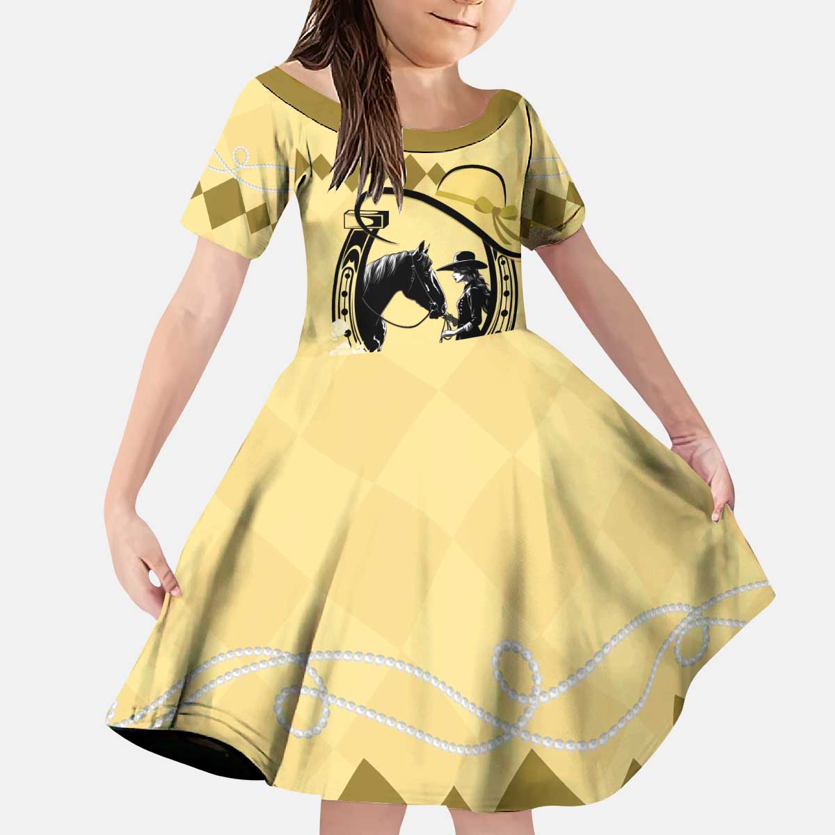 Personalized Kentucky Horse Racing Kid Short Sleeve Dress Beauty and The Horse Yellow Version LT01