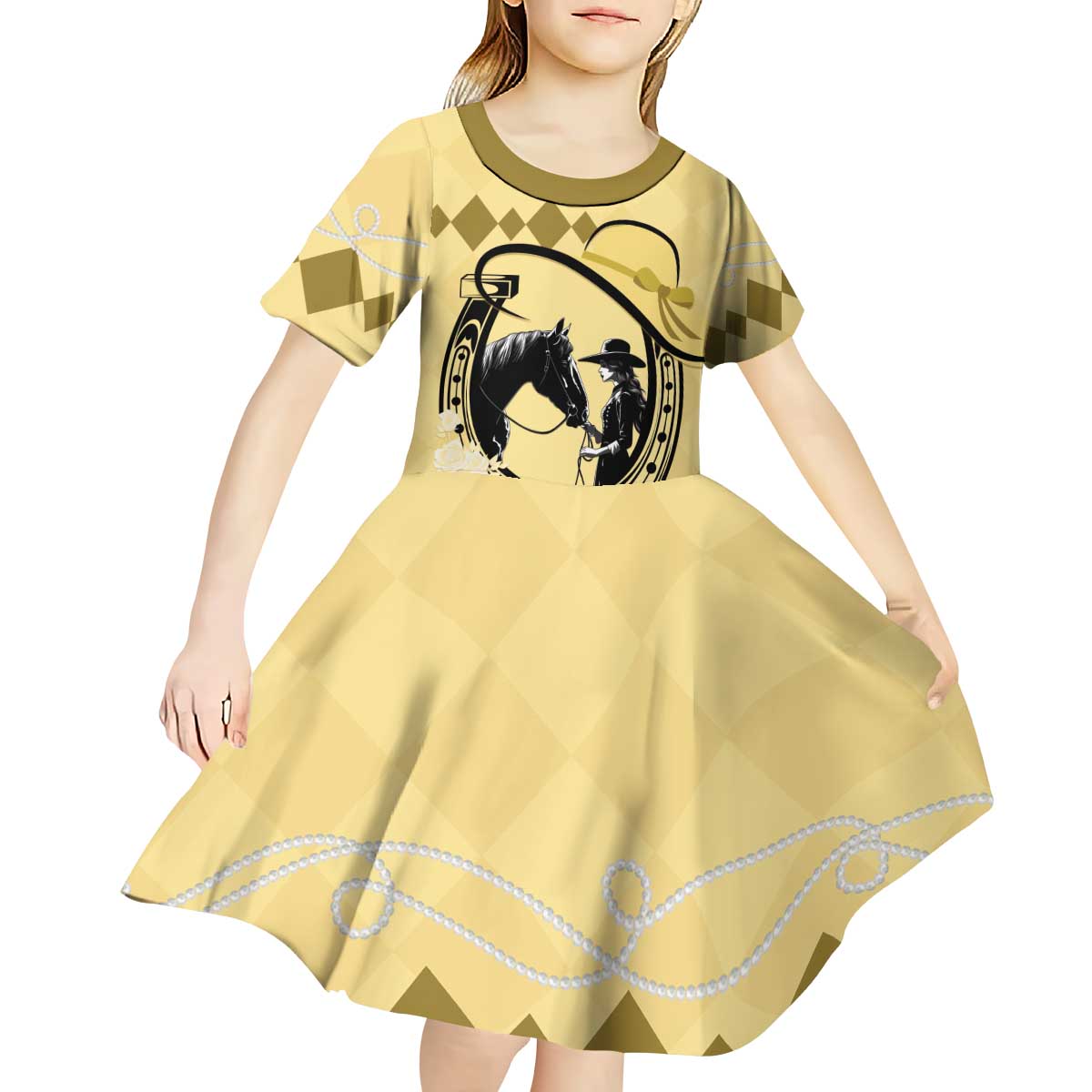 Personalized Kentucky Horse Racing Kid Short Sleeve Dress Beauty and The Horse Yellow Version LT01