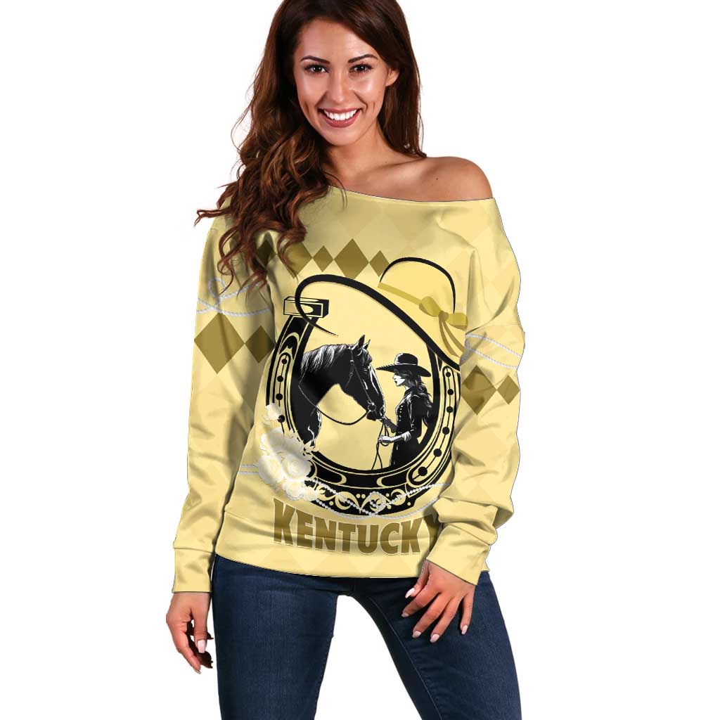 Personalized Kentucky Horse Racing Off Shoulder Sweater Beauty and The Horse Yellow Version LT01