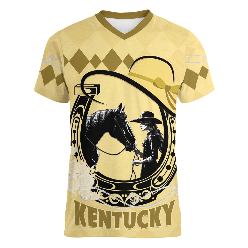 Personalized Kentucky Horse Racing Women V-Neck T-Shirt Beauty and The Horse Yellow Version LT01