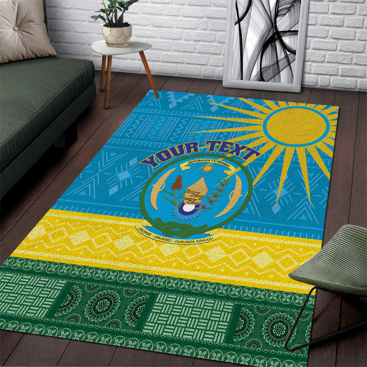 Personalized Rwanda Area Rug Coat of Arms With African Pattern - Wonder Print Shop
