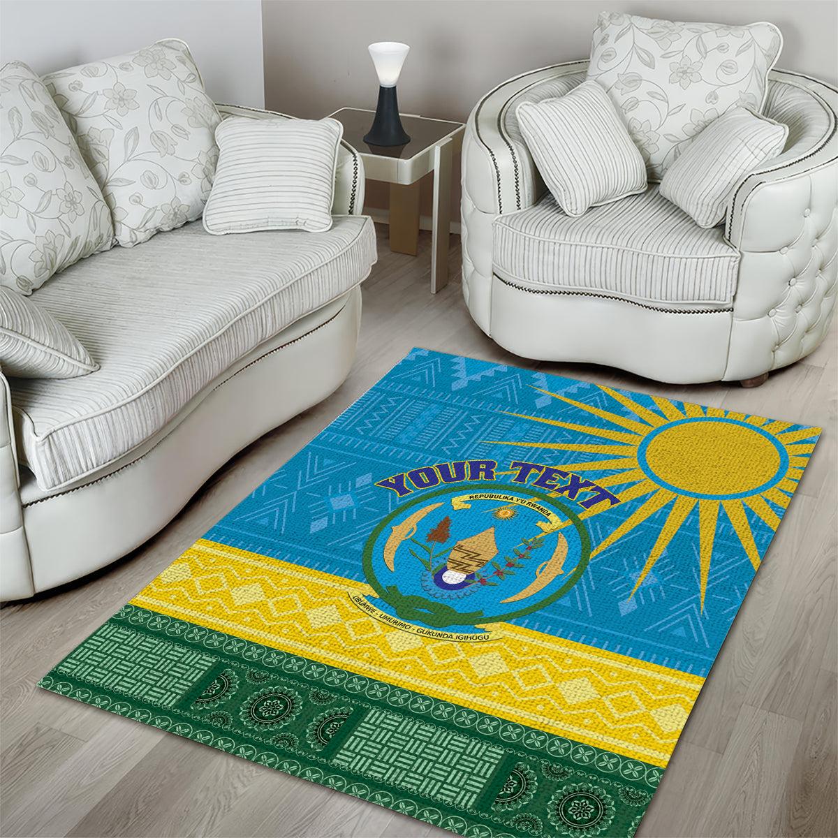 Personalized Rwanda Area Rug Coat of Arms With African Pattern - Wonder Print Shop