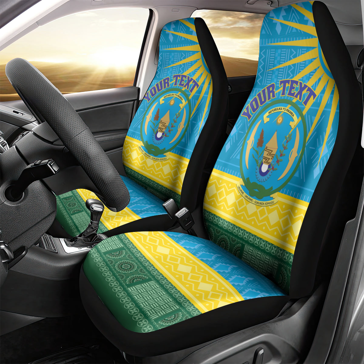 Personalized Rwanda Car Seat Cover Coat of Arms With African Pattern - Wonder Print Shop
