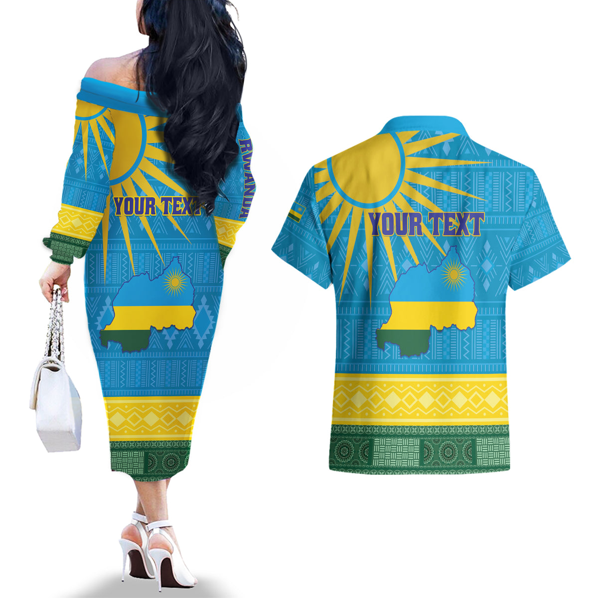 Personalized Rwanda Couples Matching Off The Shoulder Long Sleeve Dress and Hawaiian Shirt Coat of Arms With African Pattern - Wonder Print Shop