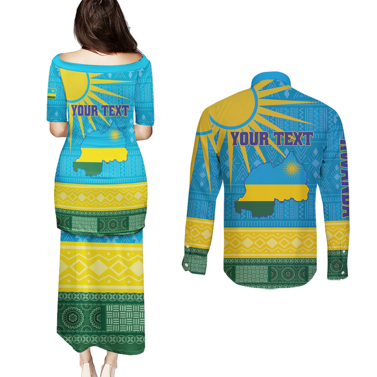 Personalized Rwanda Couples Matching Puletasi and Long Sleeve Button Shirt Coat of Arms With African Pattern - Wonder Print Shop