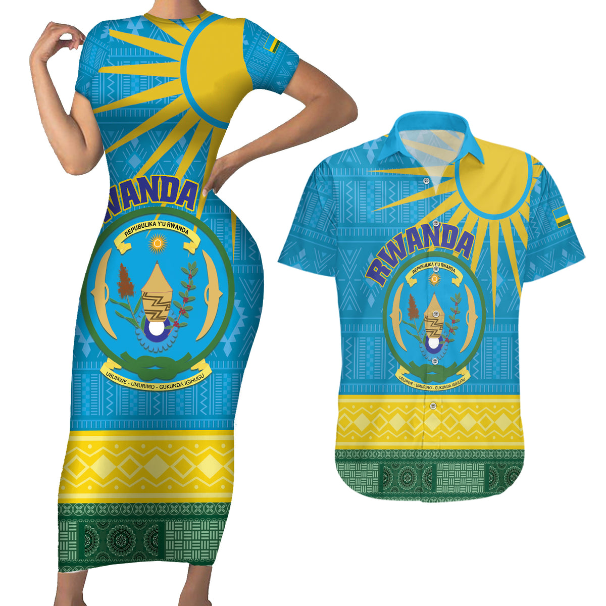 Personalized Rwanda Couples Matching Short Sleeve Bodycon Dress and Hawaiian Shirt Coat of Arms With African Pattern - Wonder Print Shop