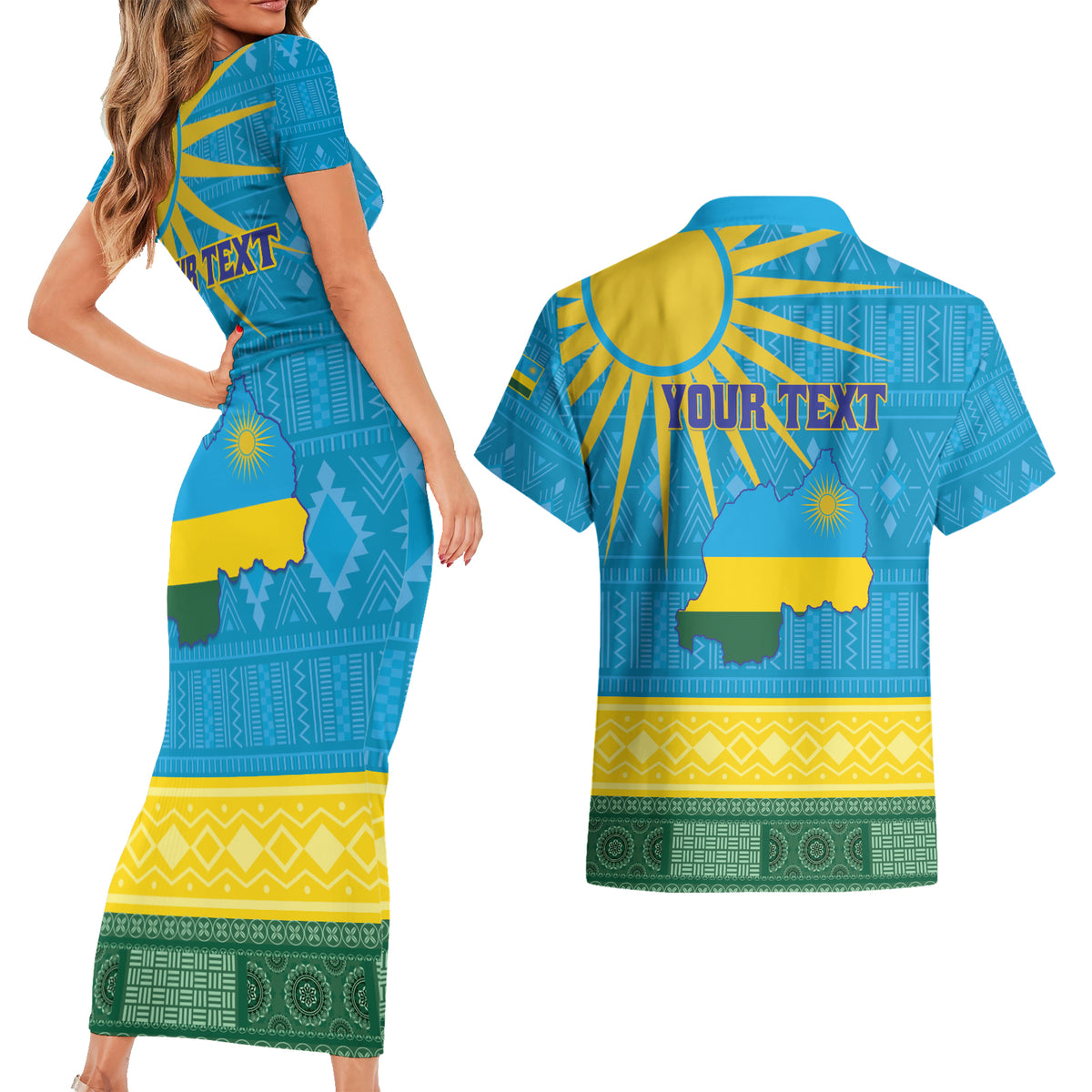 Personalized Rwanda Couples Matching Short Sleeve Bodycon Dress and Hawaiian Shirt Coat of Arms With African Pattern - Wonder Print Shop