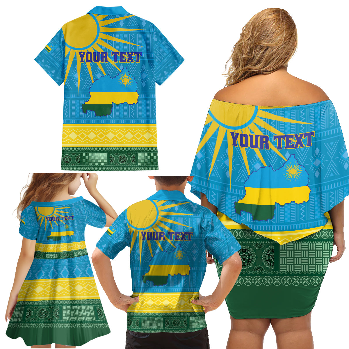 Personalized Rwanda Family Matching Off Shoulder Short Dress and Hawaiian Shirt Coat of Arms With African Pattern - Wonder Print Shop