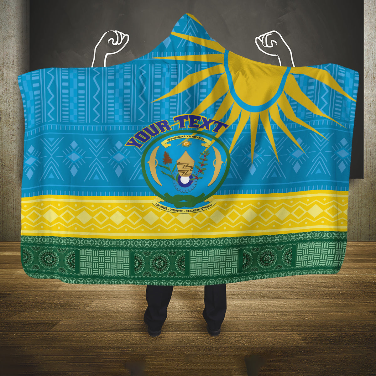 Personalized Rwanda Hooded Blanket Coat of Arms With African Pattern