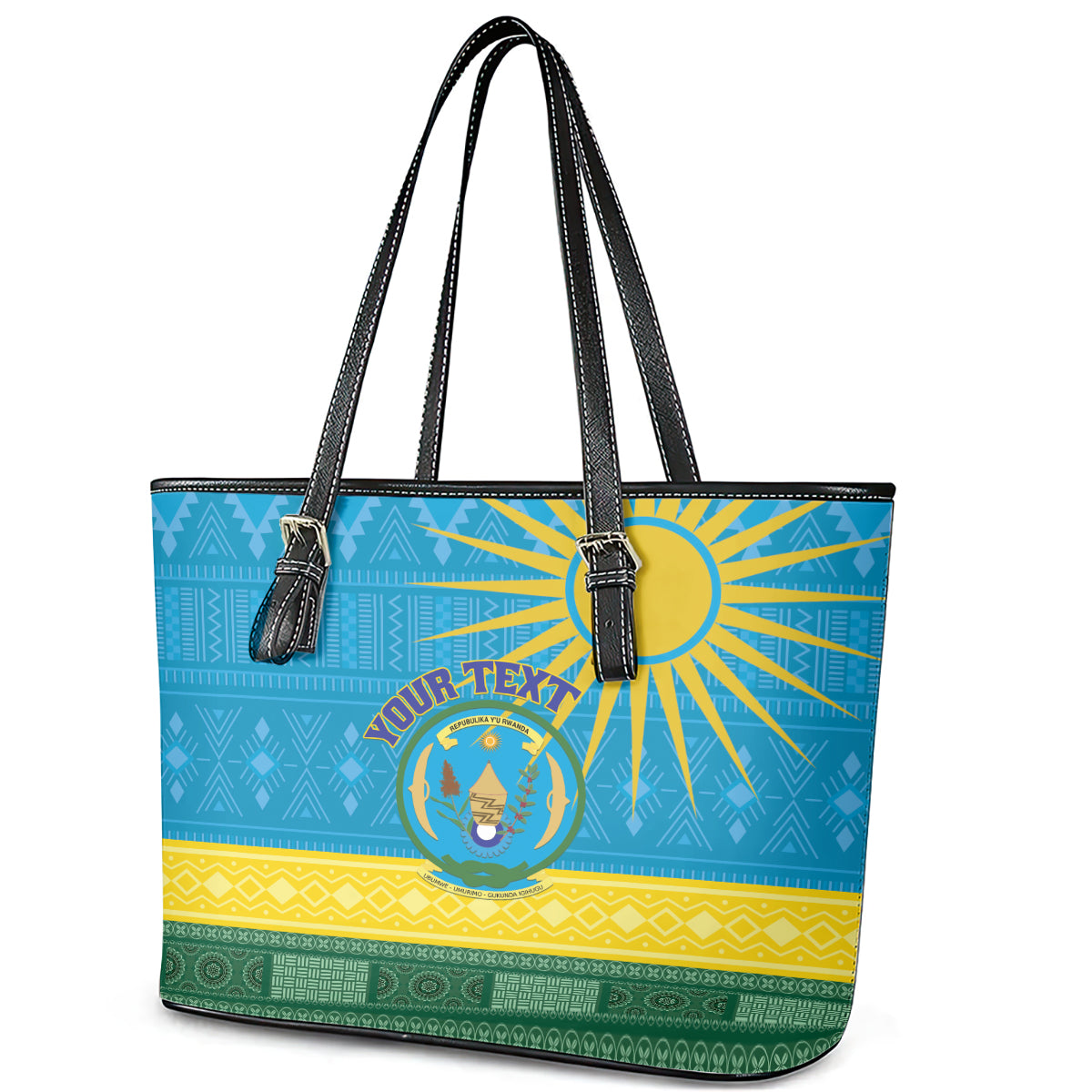Personalized Rwanda Leather Tote Bag Coat of Arms With African Pattern - Wonder Print Shop