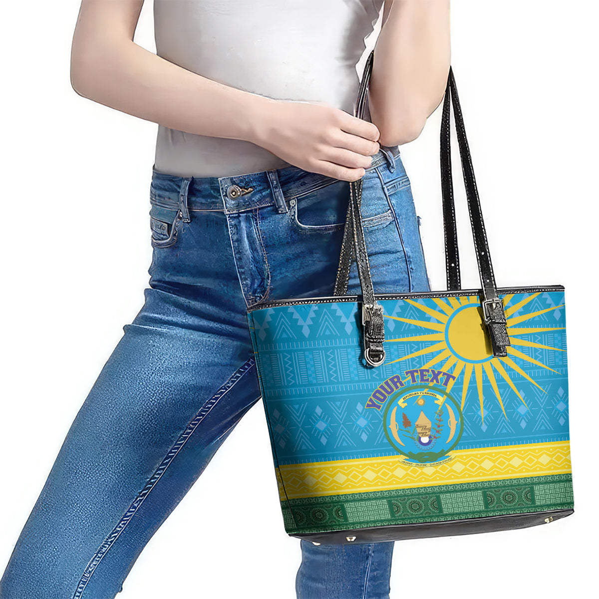 Personalized Rwanda Leather Tote Bag Coat of Arms With African Pattern - Wonder Print Shop