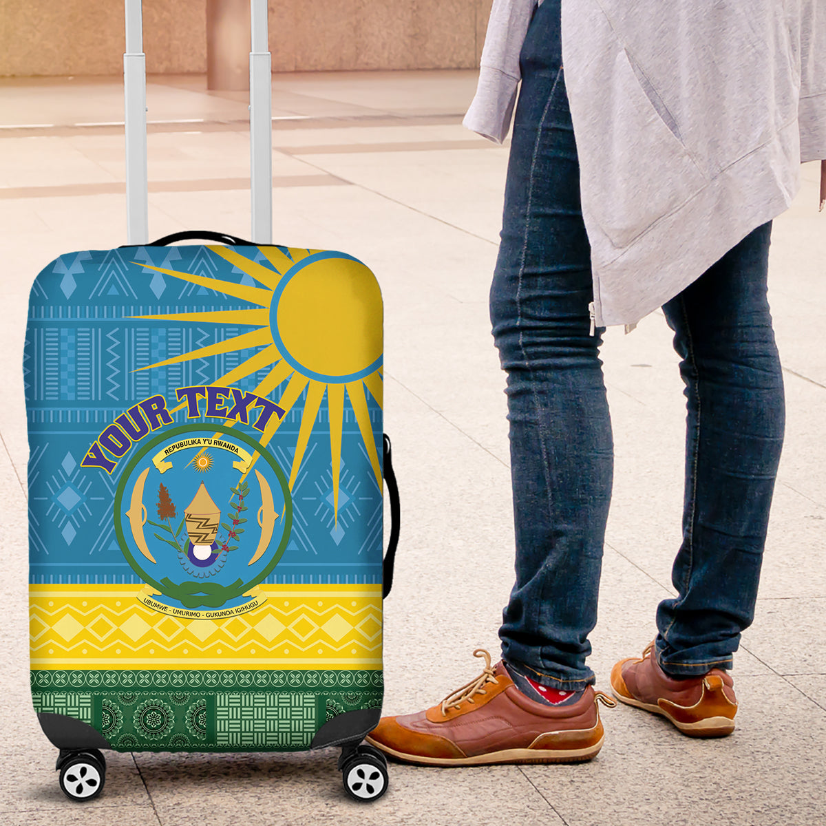 Personalized Rwanda Luggage Cover Coat of Arms With African Pattern