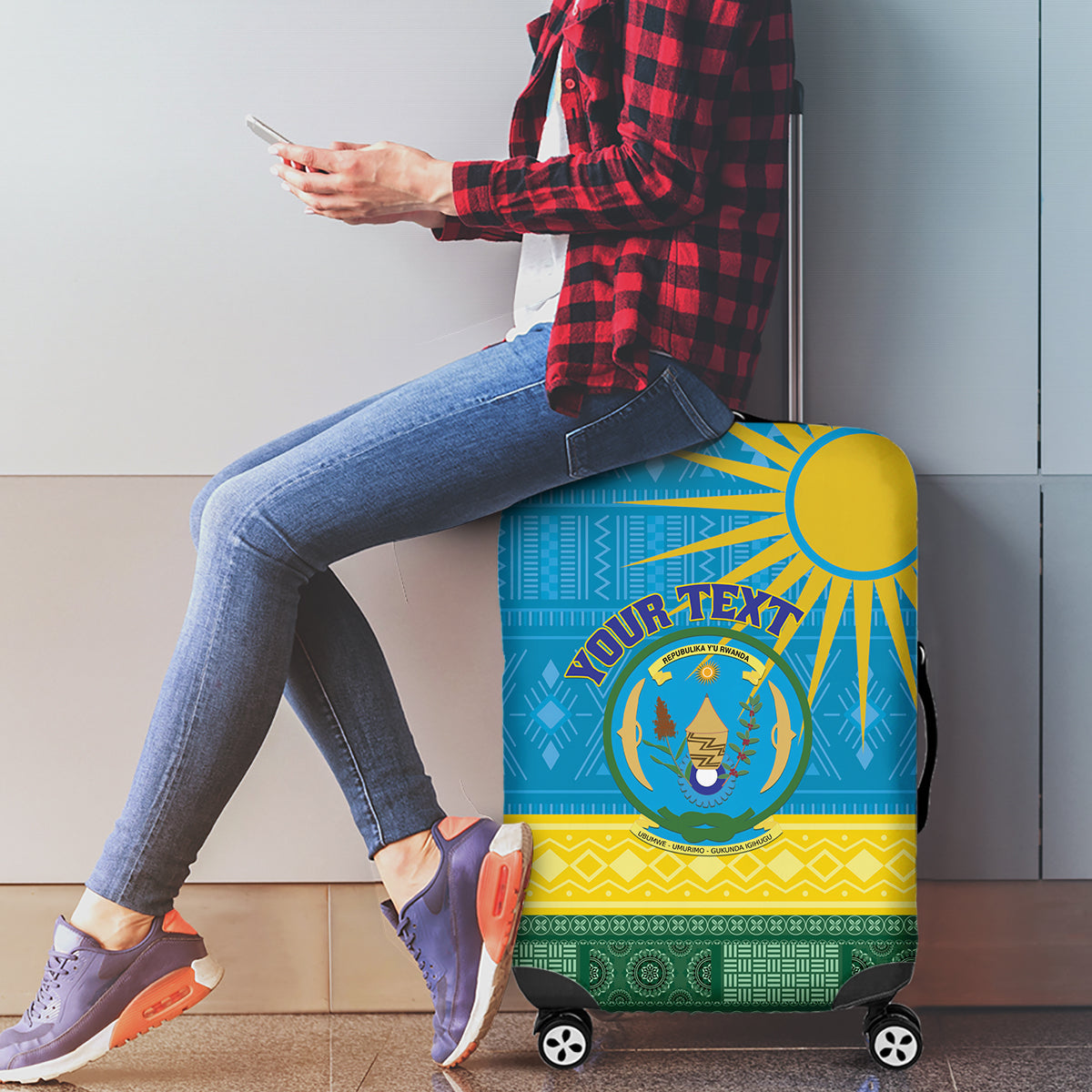 Personalized Rwanda Luggage Cover Coat of Arms With African Pattern - Wonder Print Shop