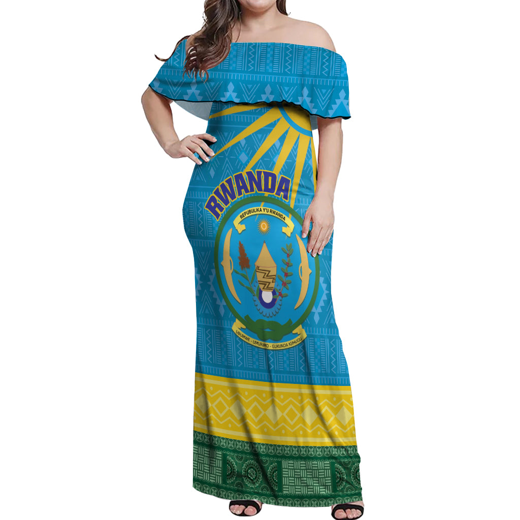 Personalized Rwanda Off Shoulder Maxi Dress Coat of Arms With African Pattern - Wonder Print Shop