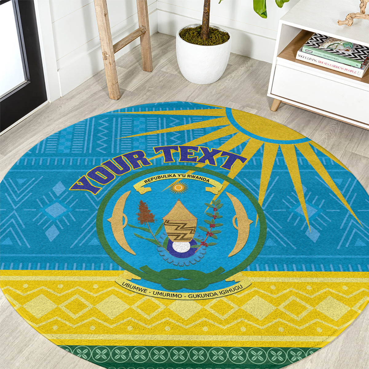 Personalized Rwanda Round Carpet Coat of Arms With African Pattern