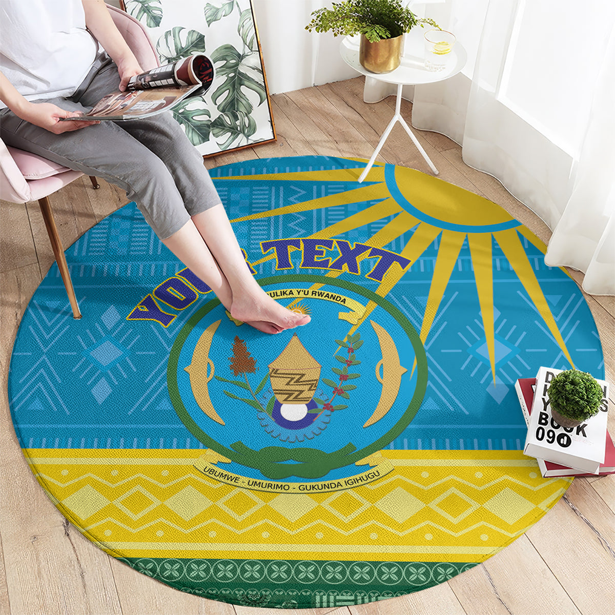 Personalized Rwanda Round Carpet Coat of Arms With African Pattern