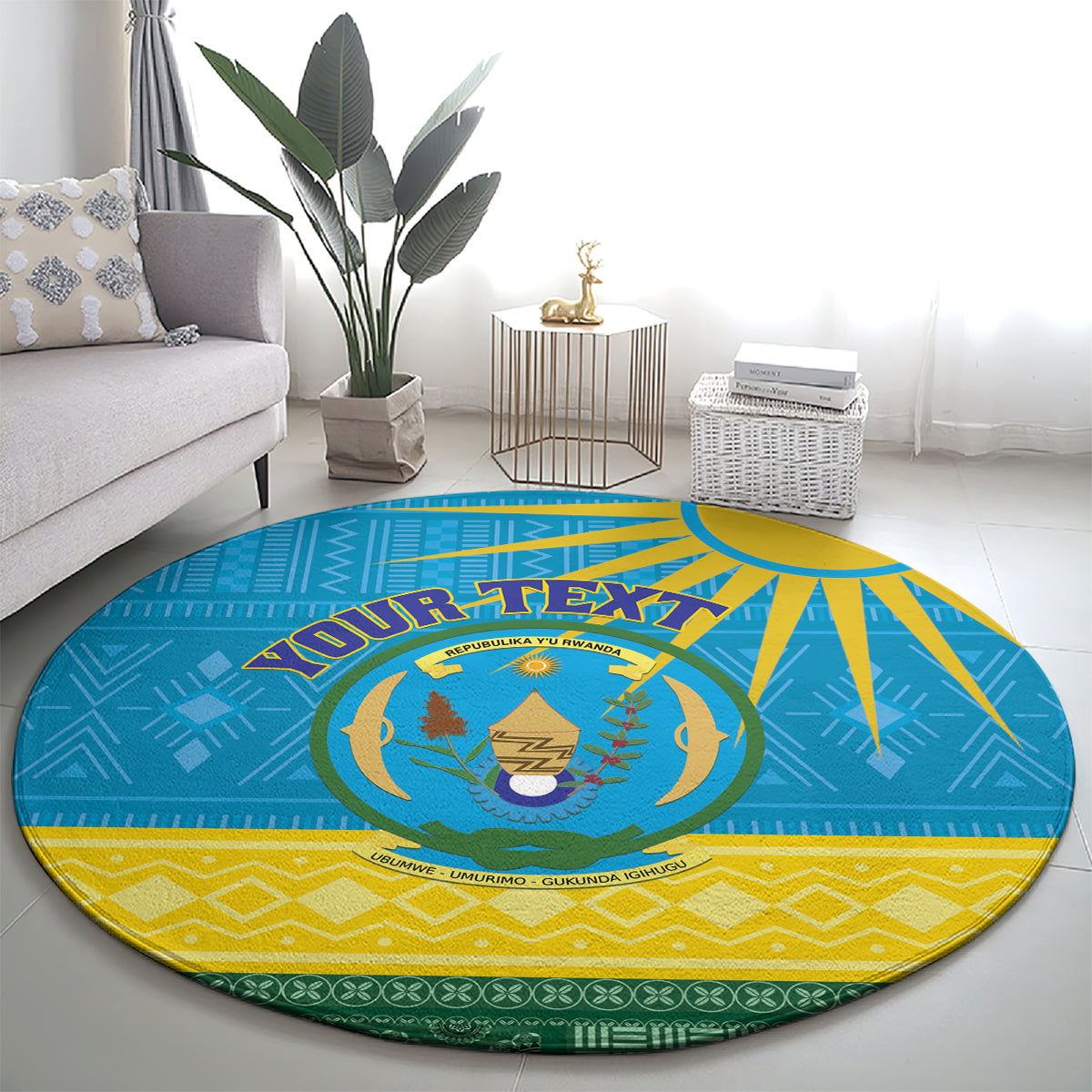 Personalized Rwanda Round Carpet Coat of Arms With African Pattern