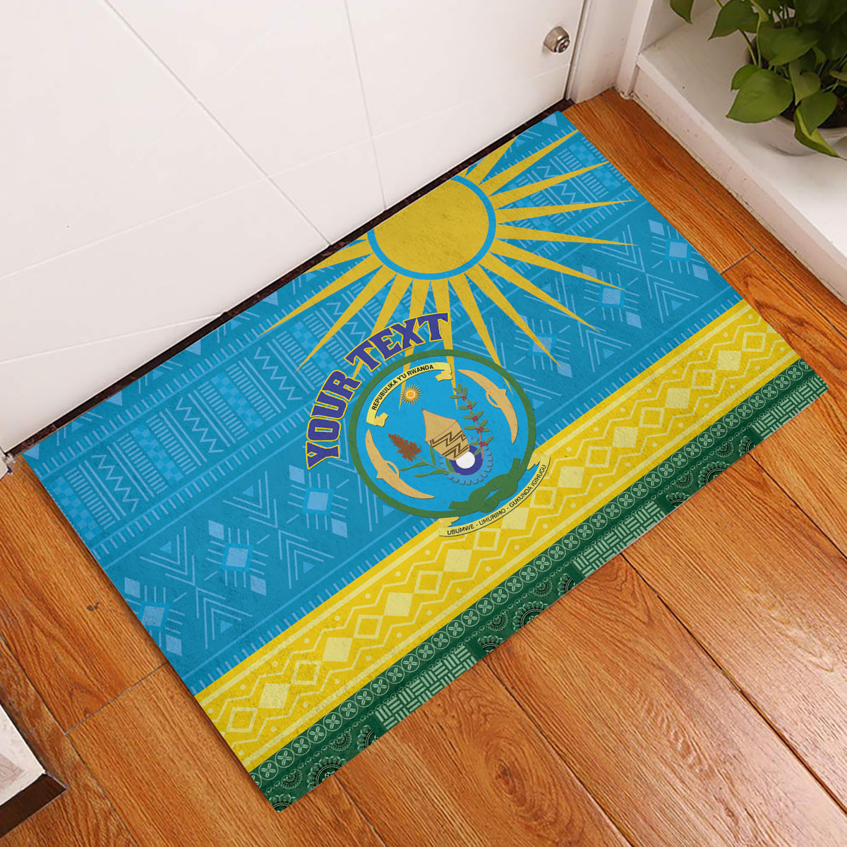 Personalized Rwanda Rubber Doormat Coat of Arms With African Pattern - Wonder Print Shop