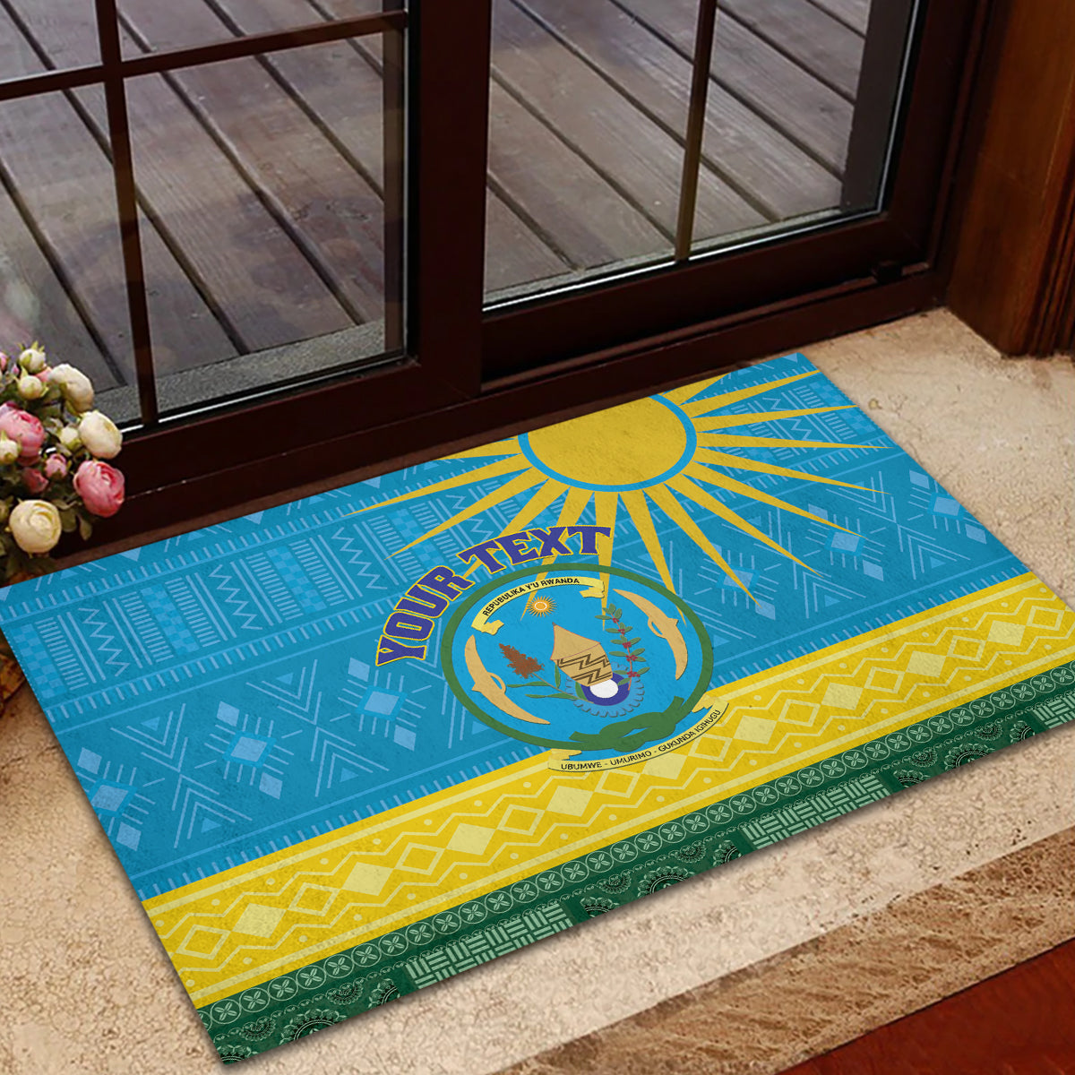 Personalized Rwanda Rubber Doormat Coat of Arms With African Pattern - Wonder Print Shop