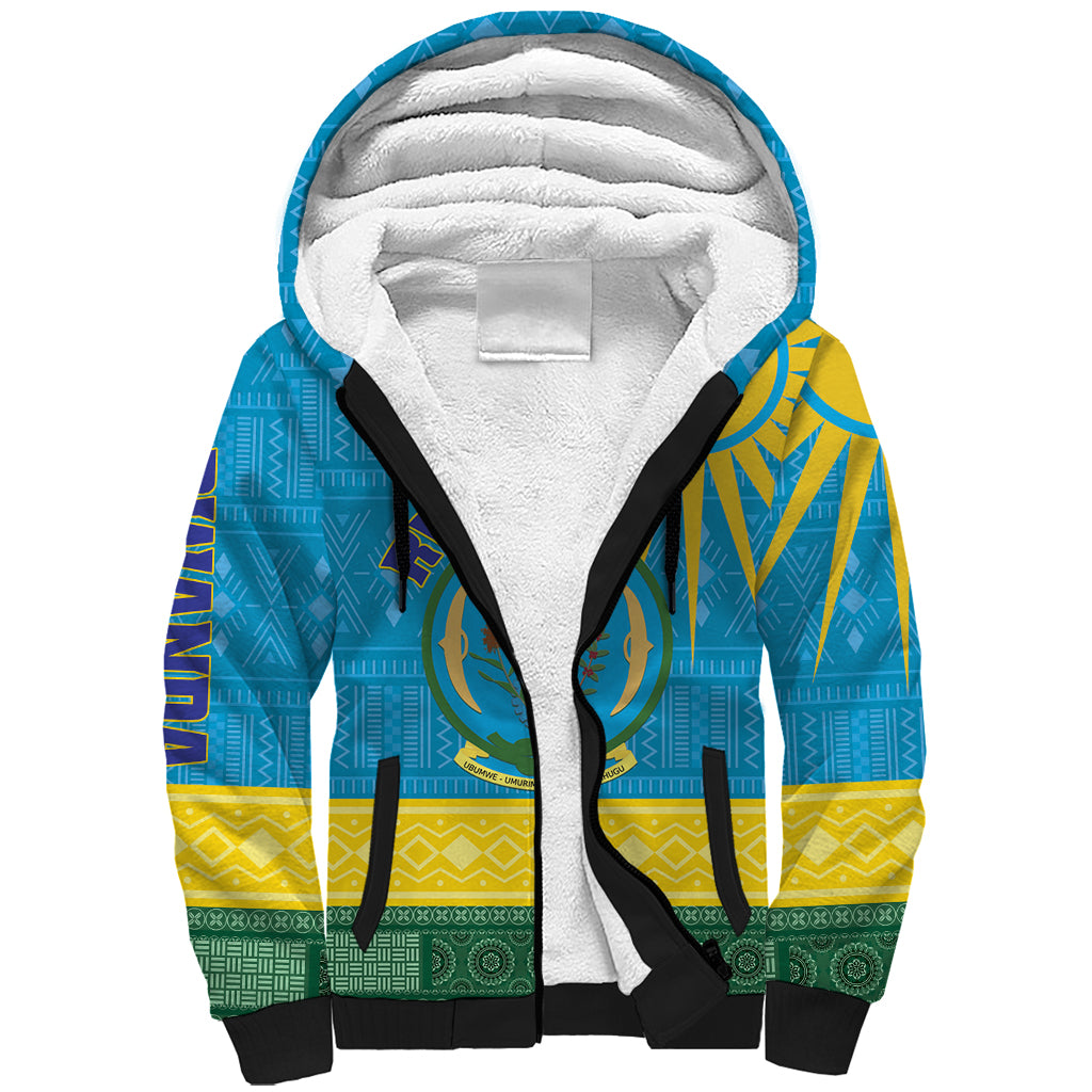 Personalized Rwanda Sherpa Hoodie Coat of Arms With African Pattern - Wonder Print Shop