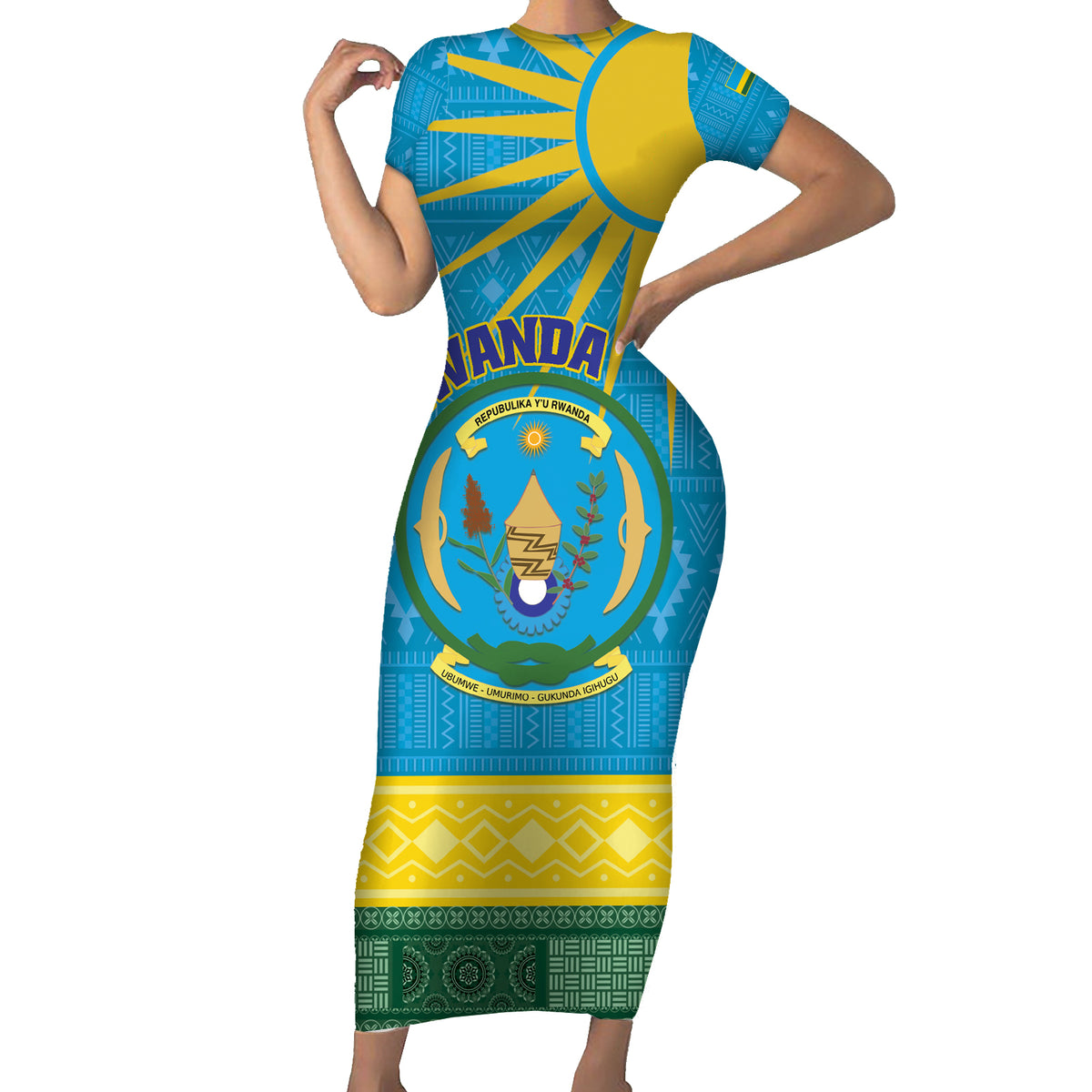 Personalized Rwanda Short Sleeve Bodycon Dress Coat of Arms With African Pattern - Wonder Print Shop