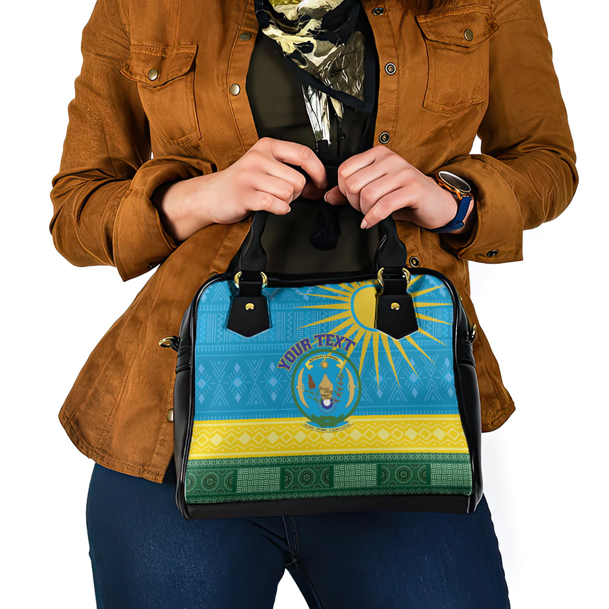 Personalized Rwanda Shoulder Handbag Coat of Arms With African Pattern