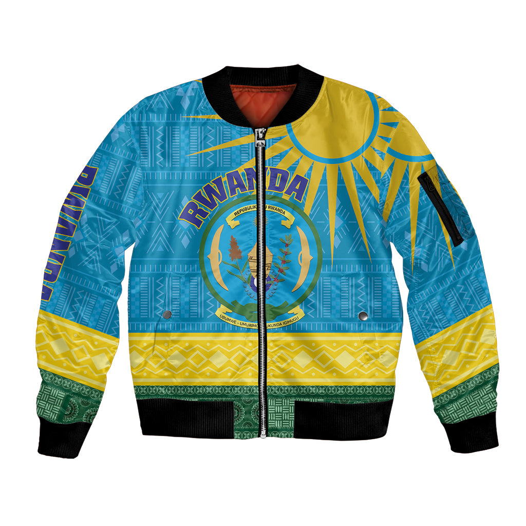 Personalized Rwanda Sleeve Zip Bomber Jacket Coat of Arms With African Pattern - Wonder Print Shop