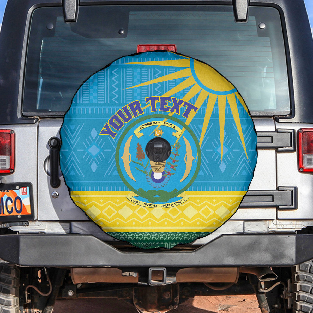Personalized Rwanda Spare Tire Cover Coat of Arms With African Pattern