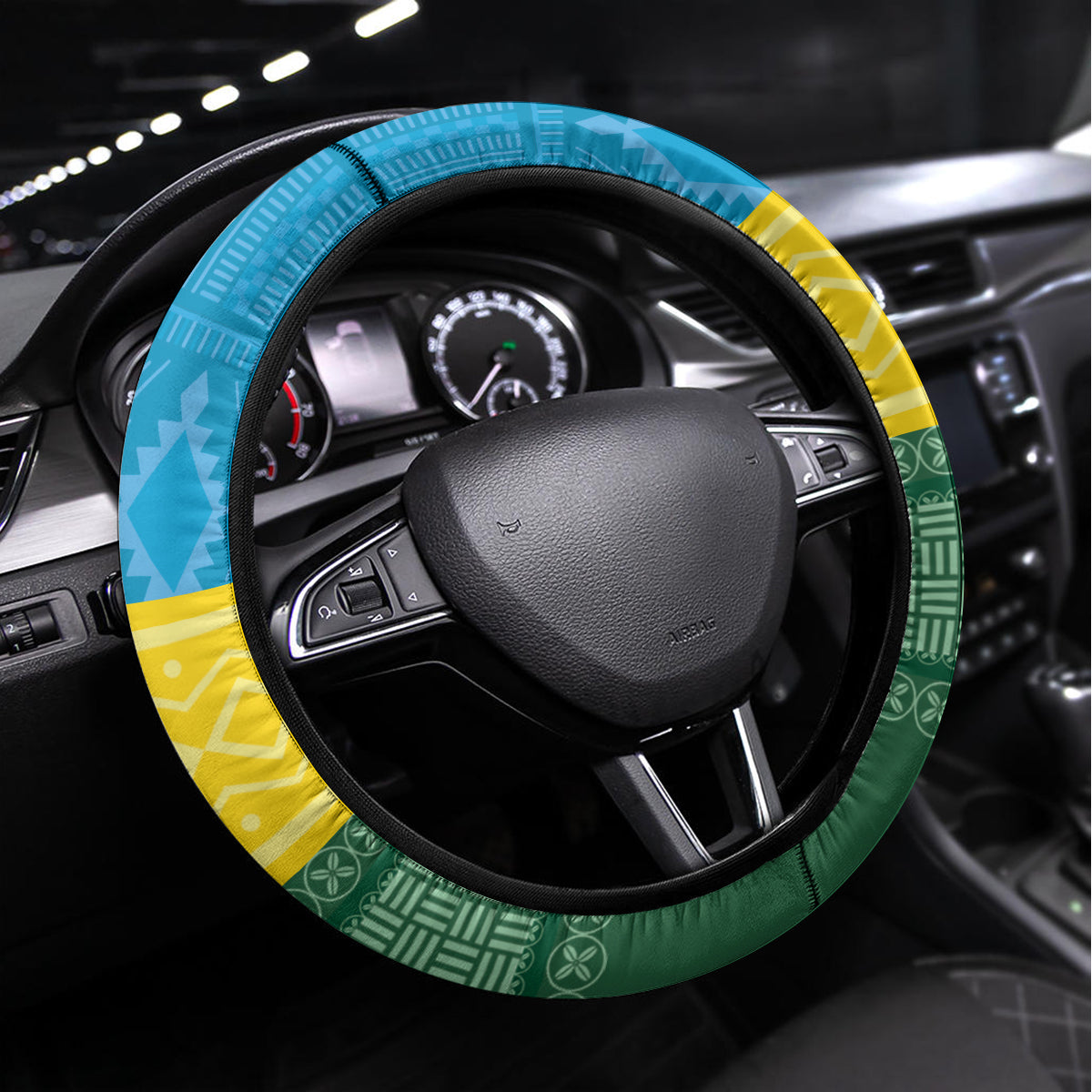 Rwanda Steering Wheel Cover Coat of Arms With African Pattern - Wonder Print Shop