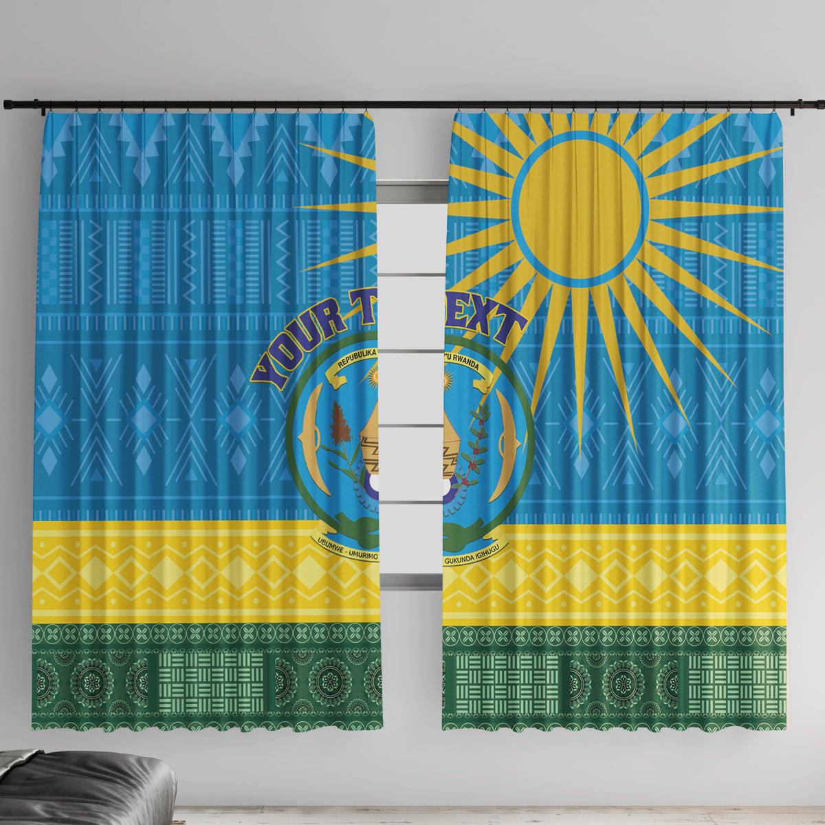Personalized Rwanda Window Curtain Coat of Arms With African Pattern - Wonder Print Shop